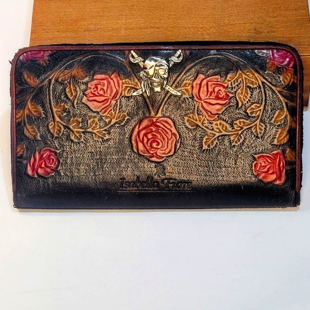 ISABELLA FIORE Vintage Embossed Leather Wallet With Silver Pirate Skull Accennts